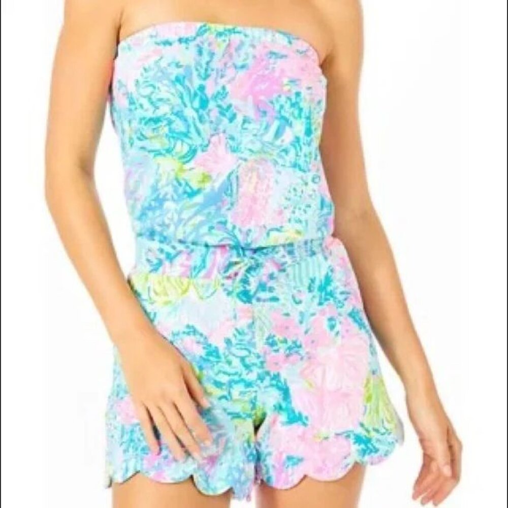 Lilly Pulitzer Blue and Pink Jace Romper with Scalloped Hem